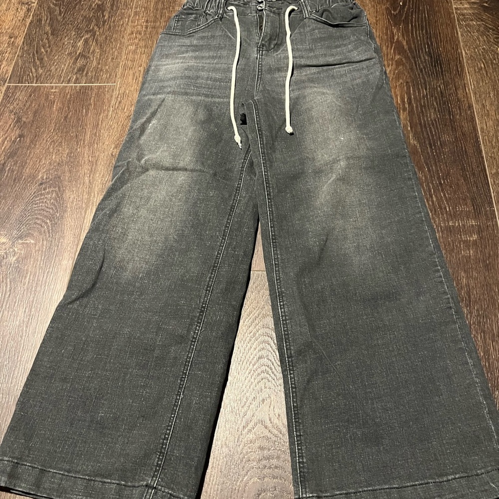 Gray Wide-Leg Elastic Waist Denim Pants